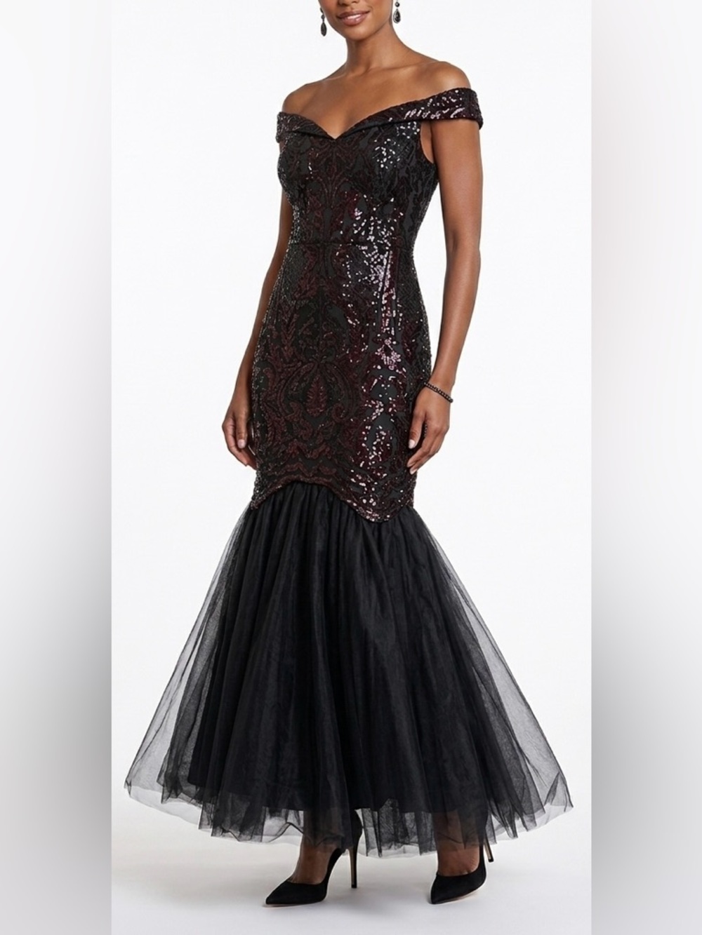Off-Shoulder Black Sequin Mermaid Prom Gown